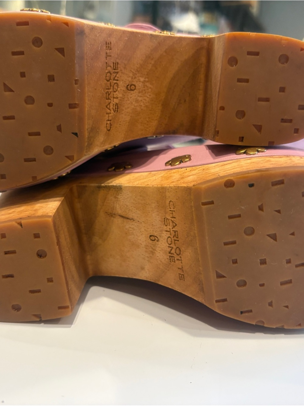 Charlotte Stone Pink Leather Floral-Stud Wooden Clog Heels - Picture 8 of 8